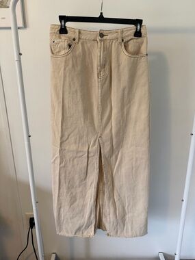 Neutral Cream Denim Maxi Skirt with Front Slit